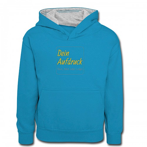 Teenager Kontrast-Hoodie Pfauenblau/Grau meliert mit Text, Bild oder Logo bedrucken lassen