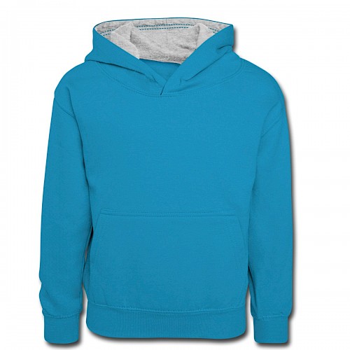 Teenager Kontrast-Hoodie Vorne in der Farbe Pfauenblau/Grau meliert bedrucken lassen