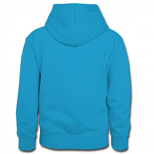 Kinder Kontrast-Hoodie Hinten in der Farbe Pfauenblau/Grau meliert bedrucken lassen