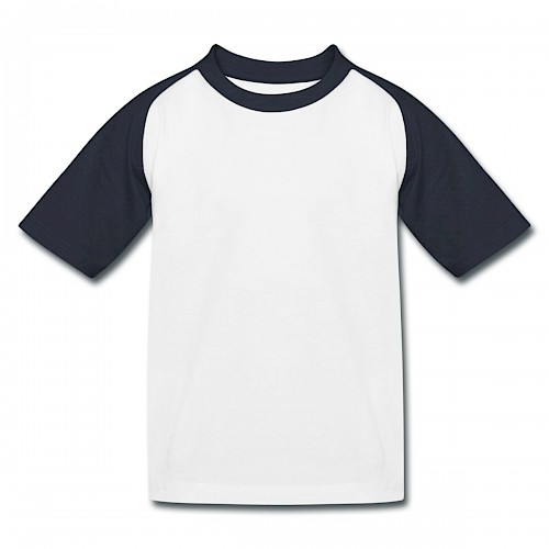 Kinder Baseball T-Shirt Vorne in der Farbe Weiß/Navy bedrucken lassen