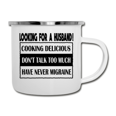 Geschenk für Ehemann Emaille Tasse - Auf der Suche nach Ehemann!