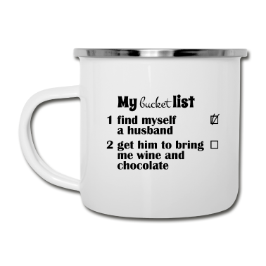 Geschenk für Ehemann Emaille Tasse - Meine Eimerliste, Ehemann bringen Wein und Schokolade